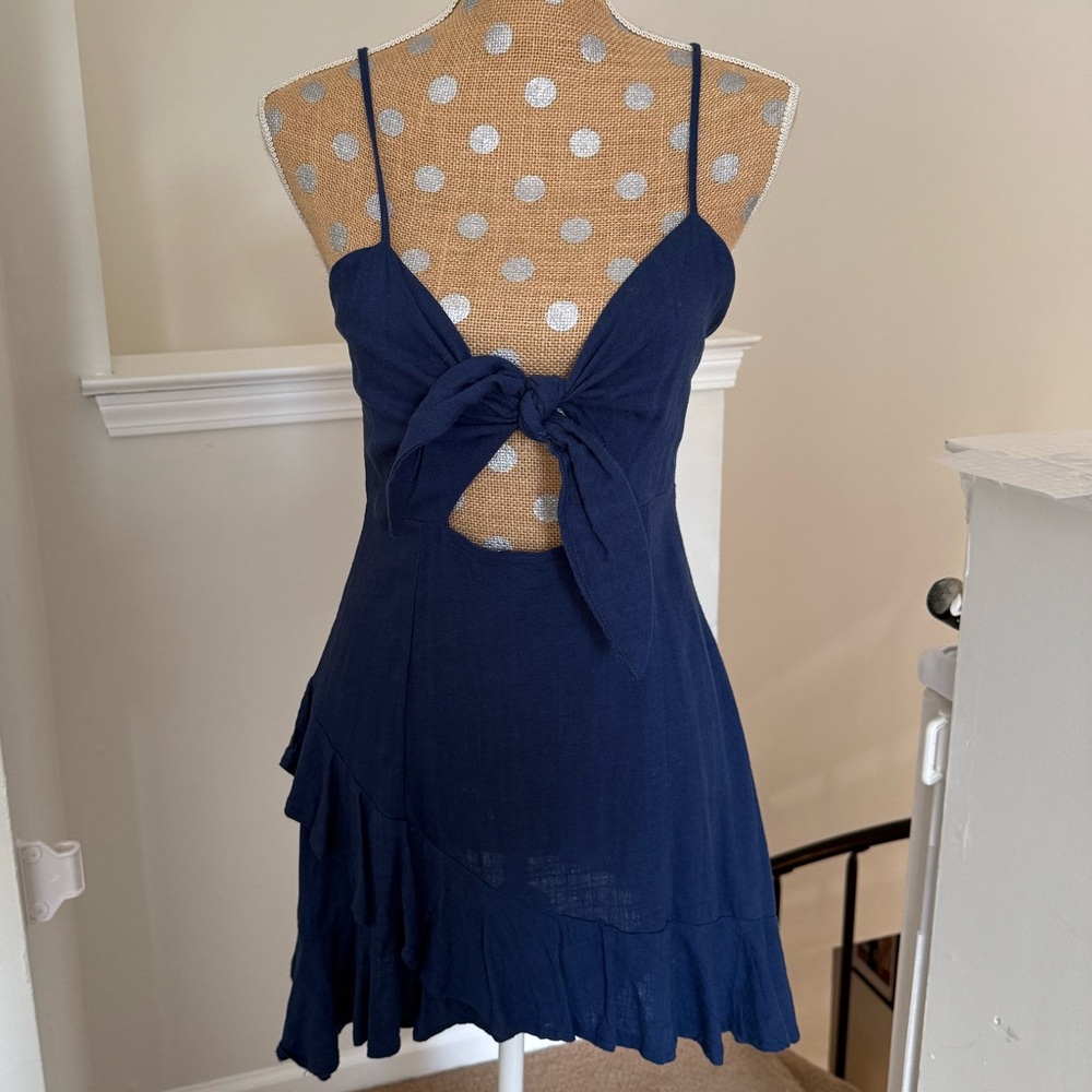 Navy Blue Spaghetti Strap Dress with Bow
